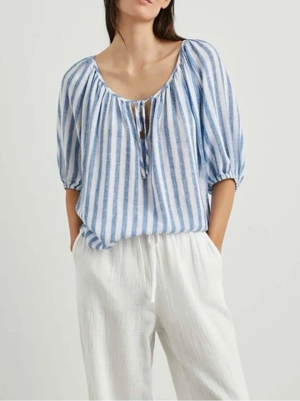 Rails Kirstie Blouse Casablanca Stripe Tie Front Blouse Blue White Linen xs